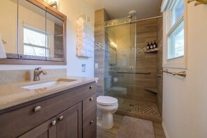 Shower, hair dryer, shampoo