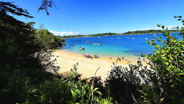 Una playa con agua azul cristalina, barcos y gente.