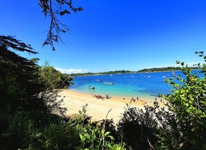 Ein Strand mit klarem, blauen Wasser, Booten und Menschen.
