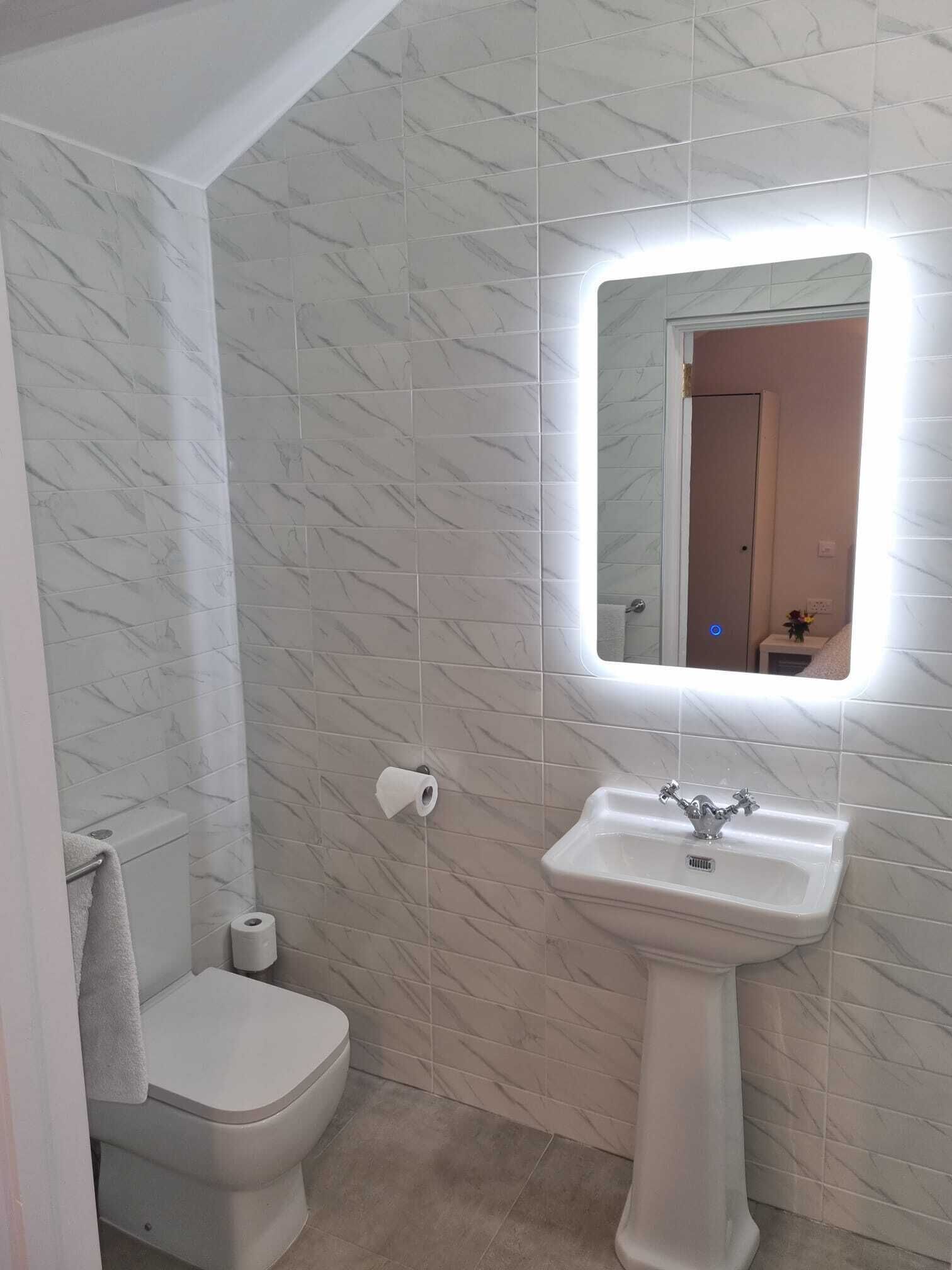 A bathroom with a toilet, sink, and mirror.
