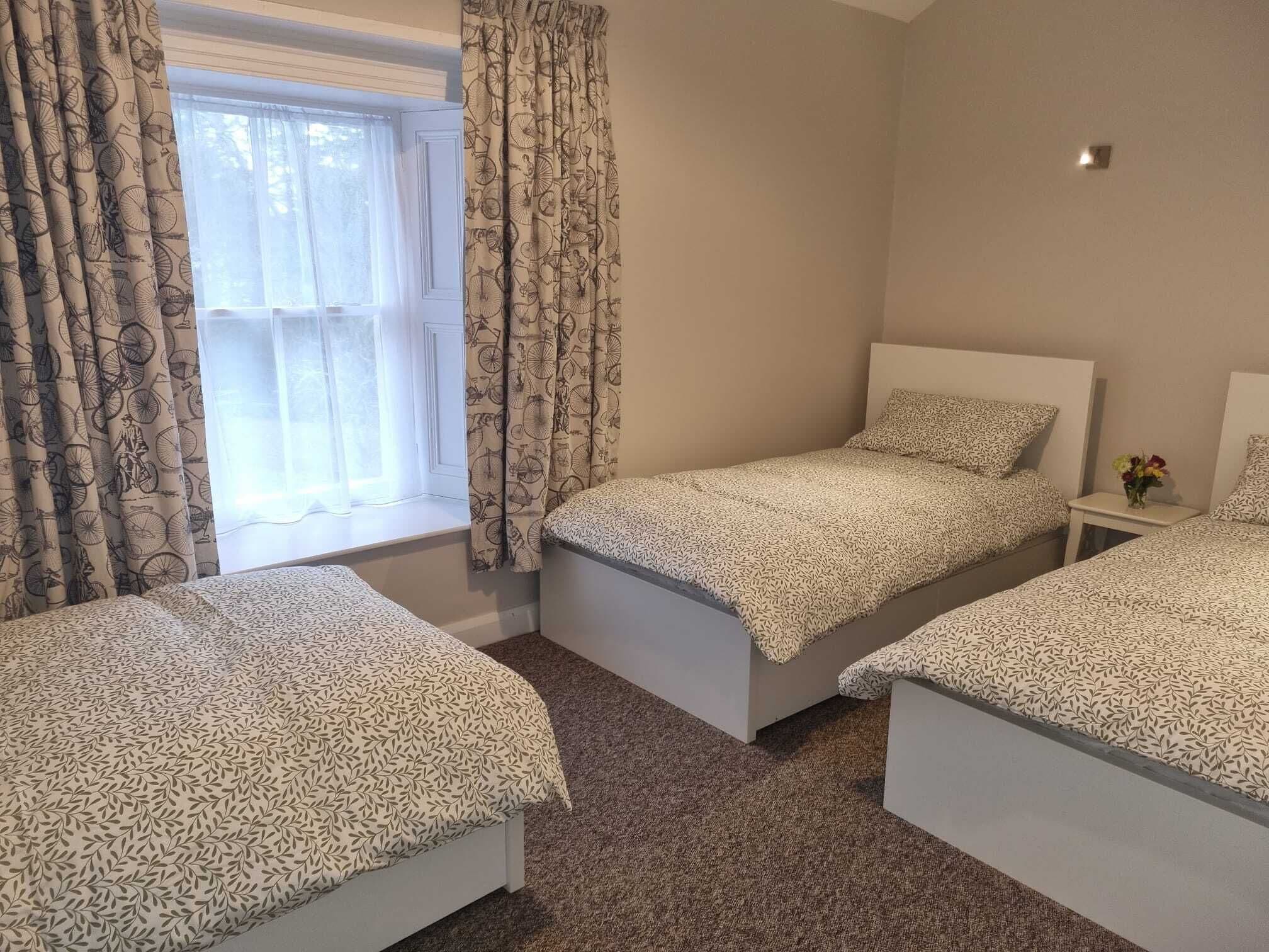 Une chambre avec deux lits simples, une fenêtre avec des rideaux, une table de chevet avec un vase et une petite lampe fixée au mur.