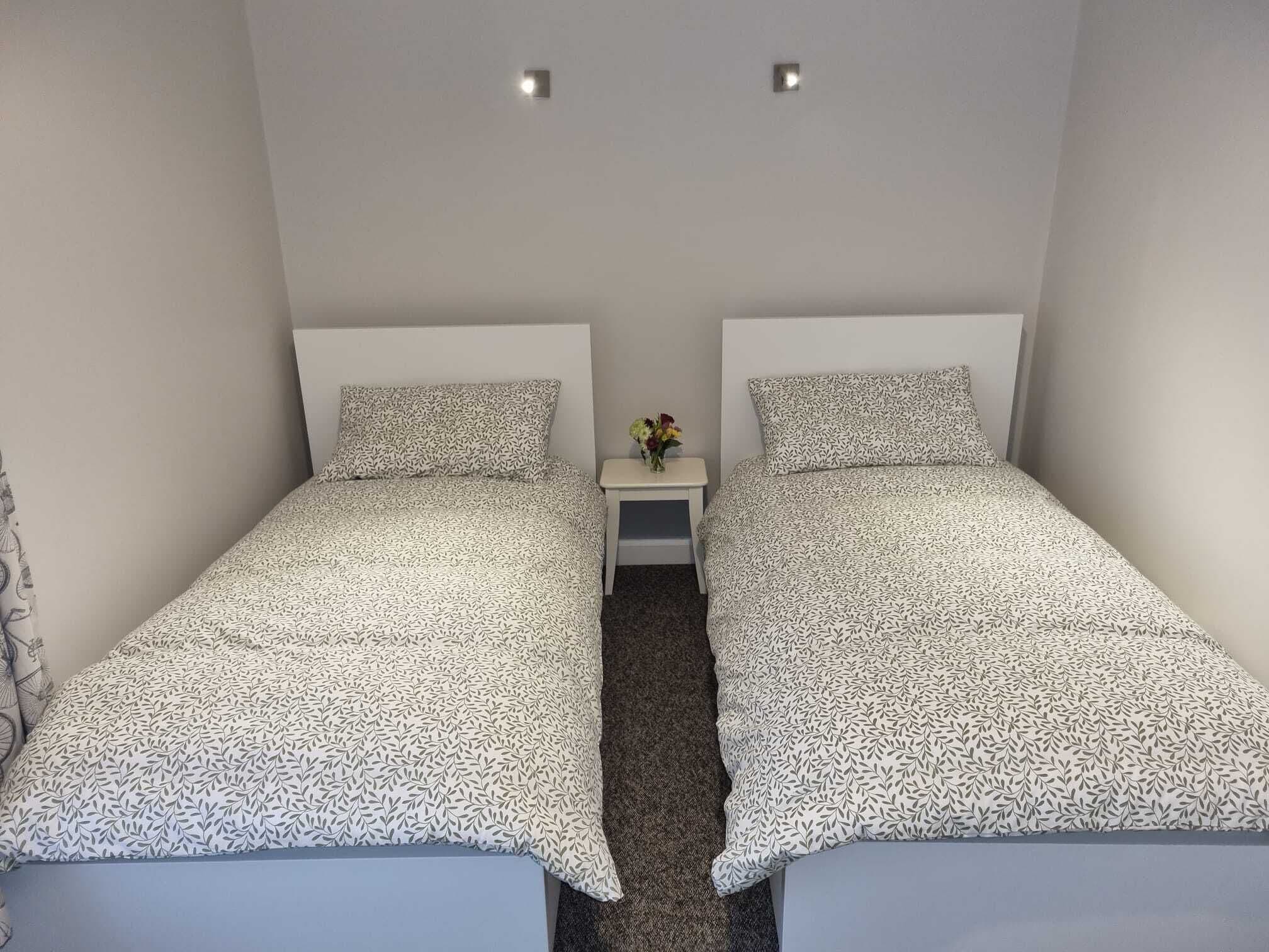 Una habitación con dos camas individuales, cada una con una colcha estampada, una mesita de noche con un florero y una pared lisa con dos luces de techo.