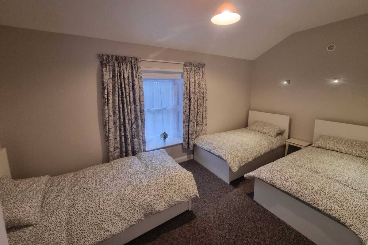 A room with two single beds, a window with curtains, a ceiling light, and a small bedside table.