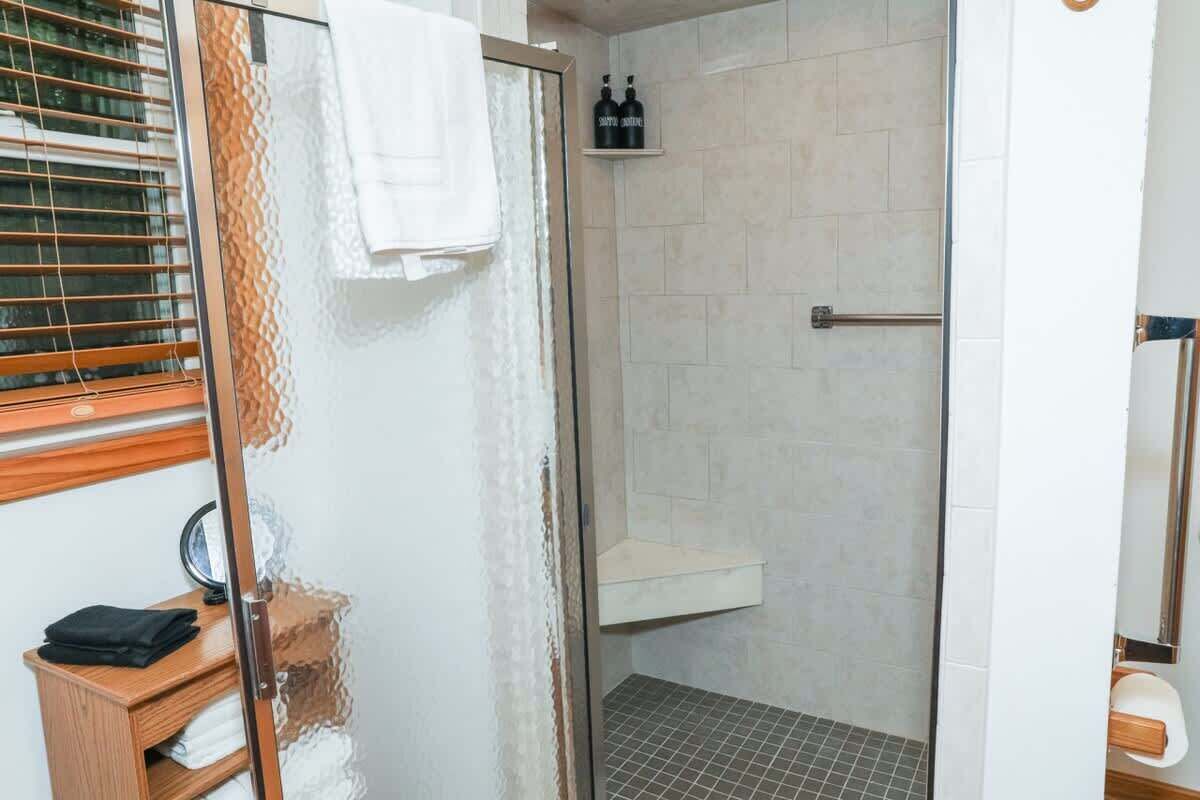 Shower, hair dryer, shampoo
