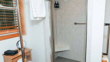 Shower, hair dryer, shampoo