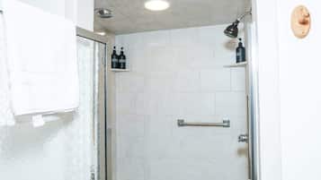 Shower, hair dryer, shampoo