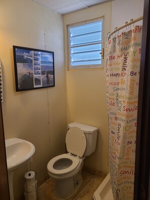 Regadera, toallas, papel de baño 