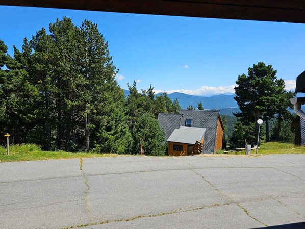 A cabin with a sloped roof, surrounded by dense forest and mountains in the background.