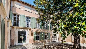 Un edificio histórico con un patio, que presenta un árbol grande y una fuente.