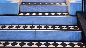 Une porte noire portant le numéro 111, flanquée de deux plantes en pot, mène à un escalier dont le sol est recouvert d’un motif en noir et blanc.