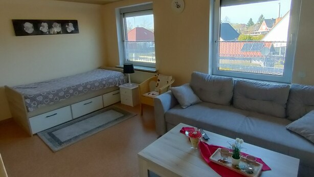 Un espace de vie compact comprenant un lit, un canapé et une table basse. Deux fenêtres laissent entrer la lumière naturelle, et une petite table d’appoint est visible.