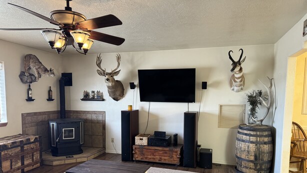 Una sala de estar con chimenea, televisor y monturas de animales.