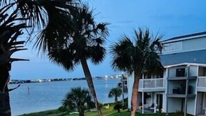 A beachfront hotel with a pool, palm trees, and a view of the sea. - Chateau by the Bay, Close to Restaurants and Bars, Walk to the Gulf or Bay- W209 (Pensacola Beach)