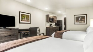 Une chambre d’hôtel équipée de deux lits, d’un bureau, d’une chaise, d’une télévision, d’un four à micro-ondes et d’un réfrigérateur.