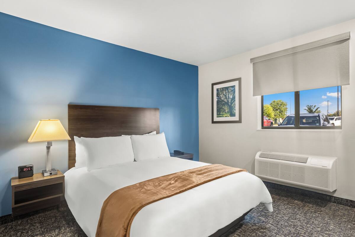 A hotel room with a bed, a nightstand with a lamp, a window with a view of the outside, and a wall-mounted air conditioner.
