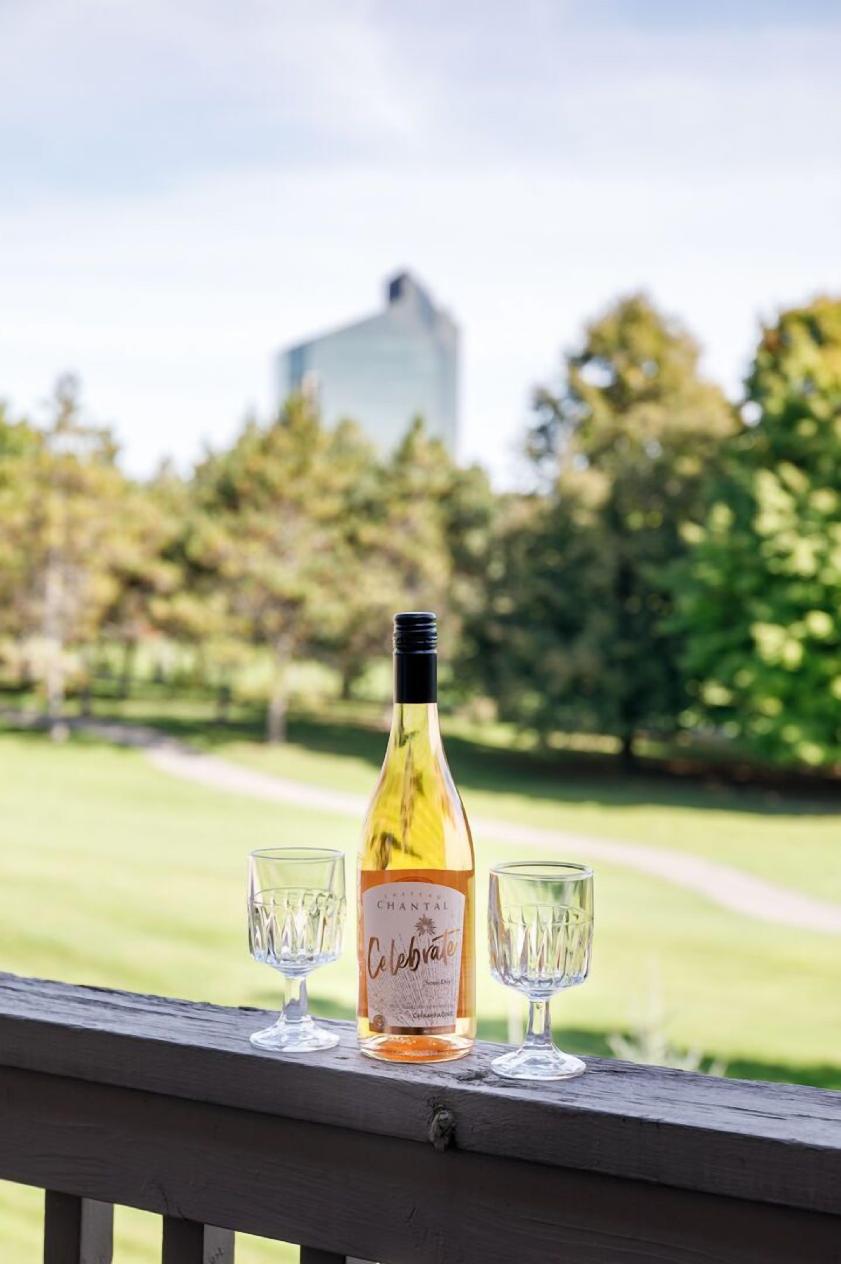 A bottle of Chantal Celebvale wine and two empty glasses on a wooden railing with a park view in the background.