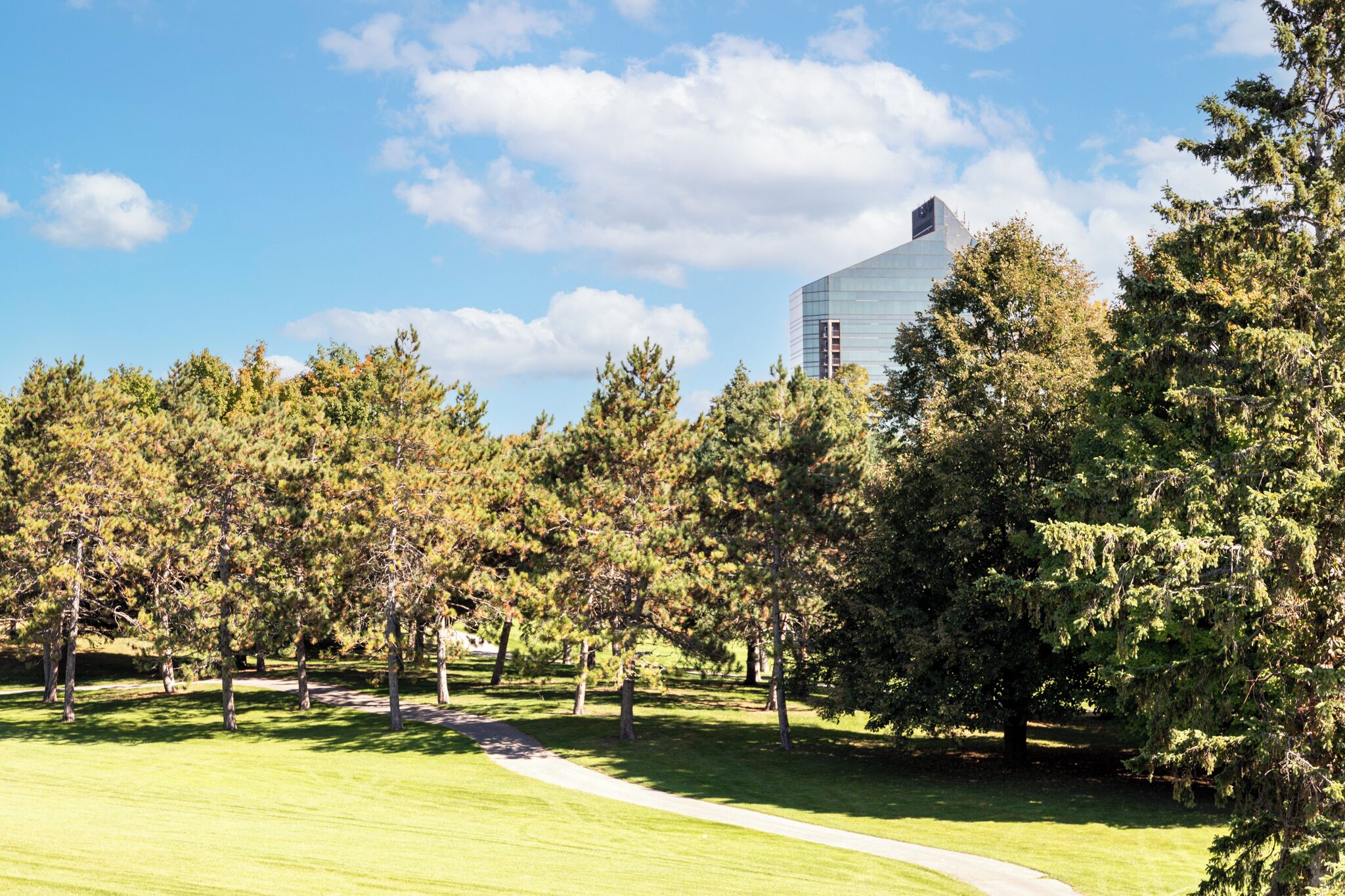 Un edificio moderno con fachada de vidrio rodeado por un parque cuidado con árboles y un sendero.