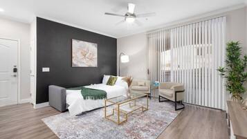 1 bedroom, desk, iron/ironing board, travel cot