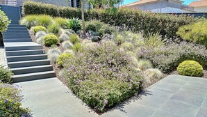 A landscaped garden with a stone staircase leading up to a building. - Villa Bonsai (Calheta)