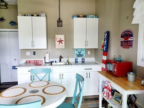 Fridge, microwave, coffee/tea maker, cookware/dishes/utensils
