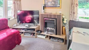A living room with a television, fireplace, and a painting on the wall. - 2 bedroom accommodation in New Radnor, near Presteigne (New Radnor, near Presteigne)