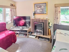 A living room with a television, fireplace, and a painting on the wall. - 2 bedroom accommodation in New Radnor, near Presteigne (New Radnor, near Presteigne)