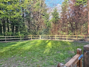 A fenced outdoor area with a grassy field, surrounded by trees. - 2 bedroom accommodation in New Radnor, near Presteigne (New Radnor, near Presteigne)