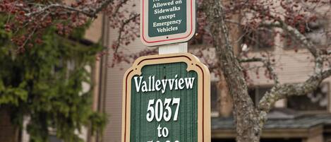 A street sign with 'Valleyview 5037 to 5060' and a smaller sign above it stating 'No Parking Allowed on Sidewalks except Emergency Vehicles.'