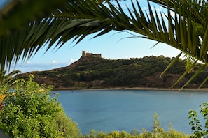 Un paisaje costero con un castillo en la cima de una colina, con vistas a un mar tranquilo, rodeado de abundante vegetación.