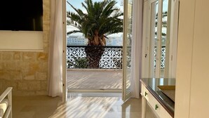 Una habitación amplia con una planta grande en maceta, un balcón con vistas y un televisor de pantalla plana montado en la pared.