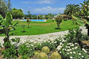 A landscaped garden with a pool, cacti, and flowers.
