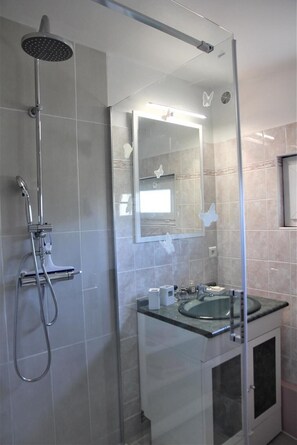 Shower, hair dryer, towels, soap