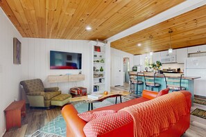 Televisie, een open haard en boeken