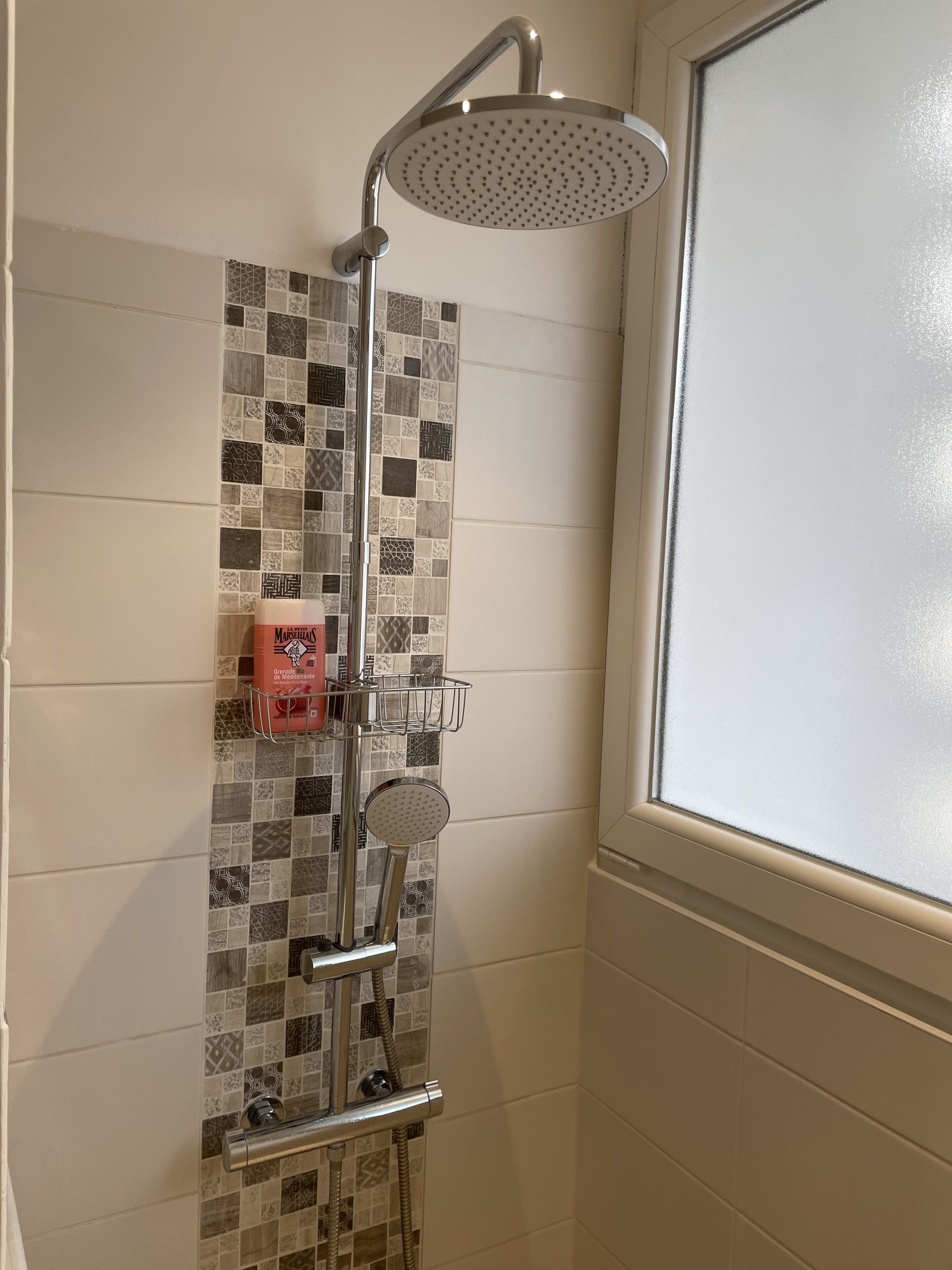A shower with a rain showerhead and handheld showerhead, a soap dish, and a towel rack.
