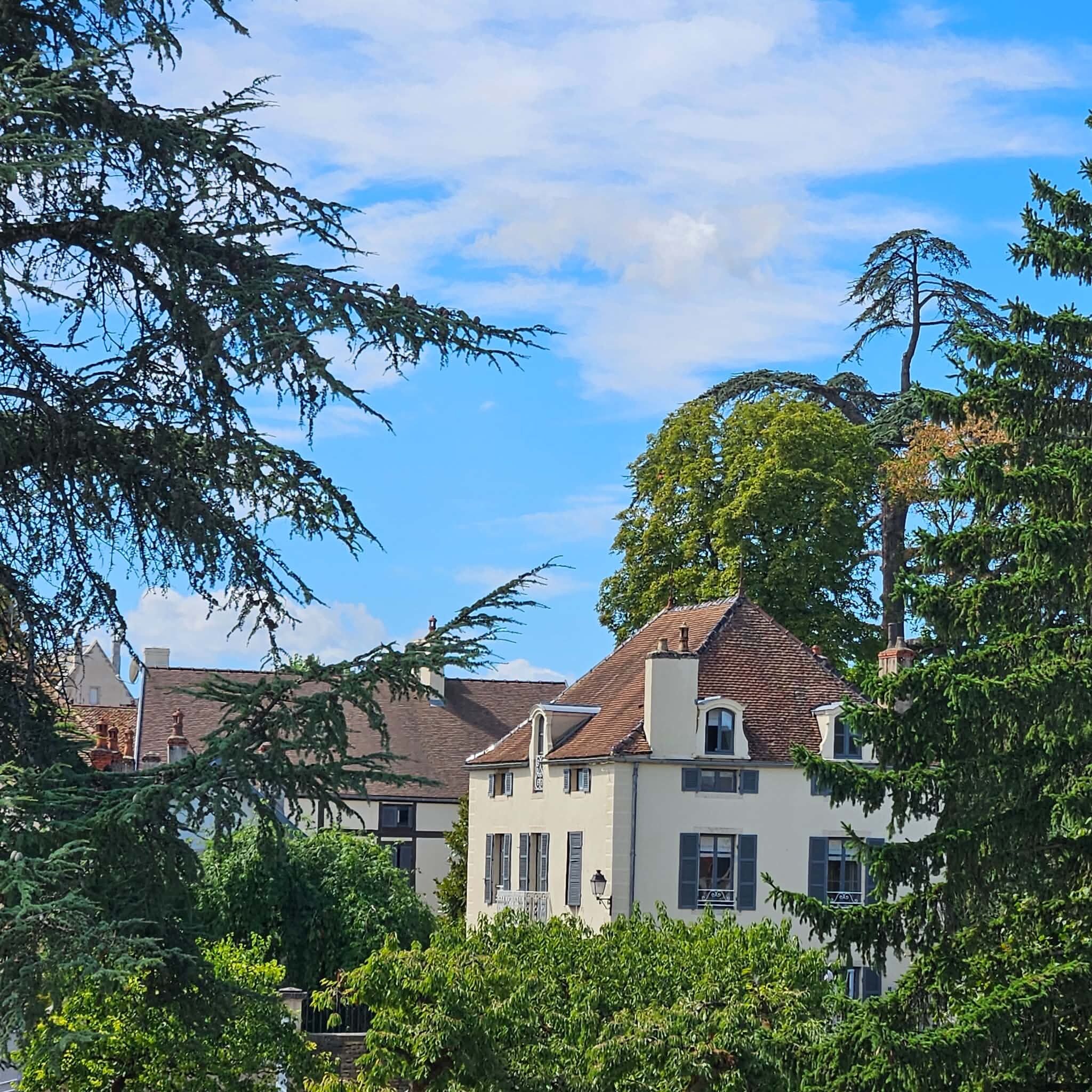 Un immeuble résidentiel de style architectural traditionnel, entouré d’une végétation luxuriante et surplombé d’un ciel bleu azur.