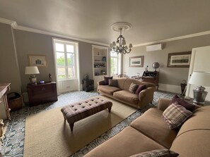 TV connectée, cheminée, livres