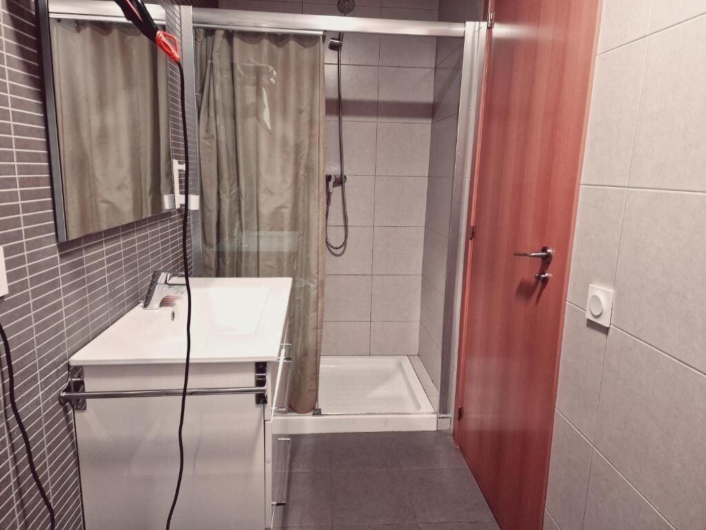 A bathroom with a shower, a sink, and a mirror.