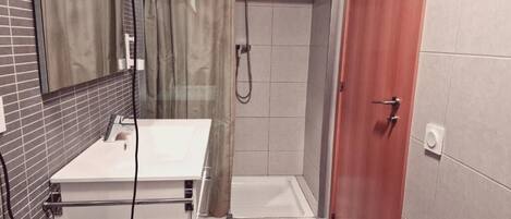 A bathroom with a shower, a sink, and a mirror.