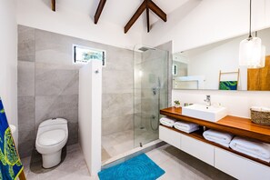 Shower, hair dryer, towels, soap