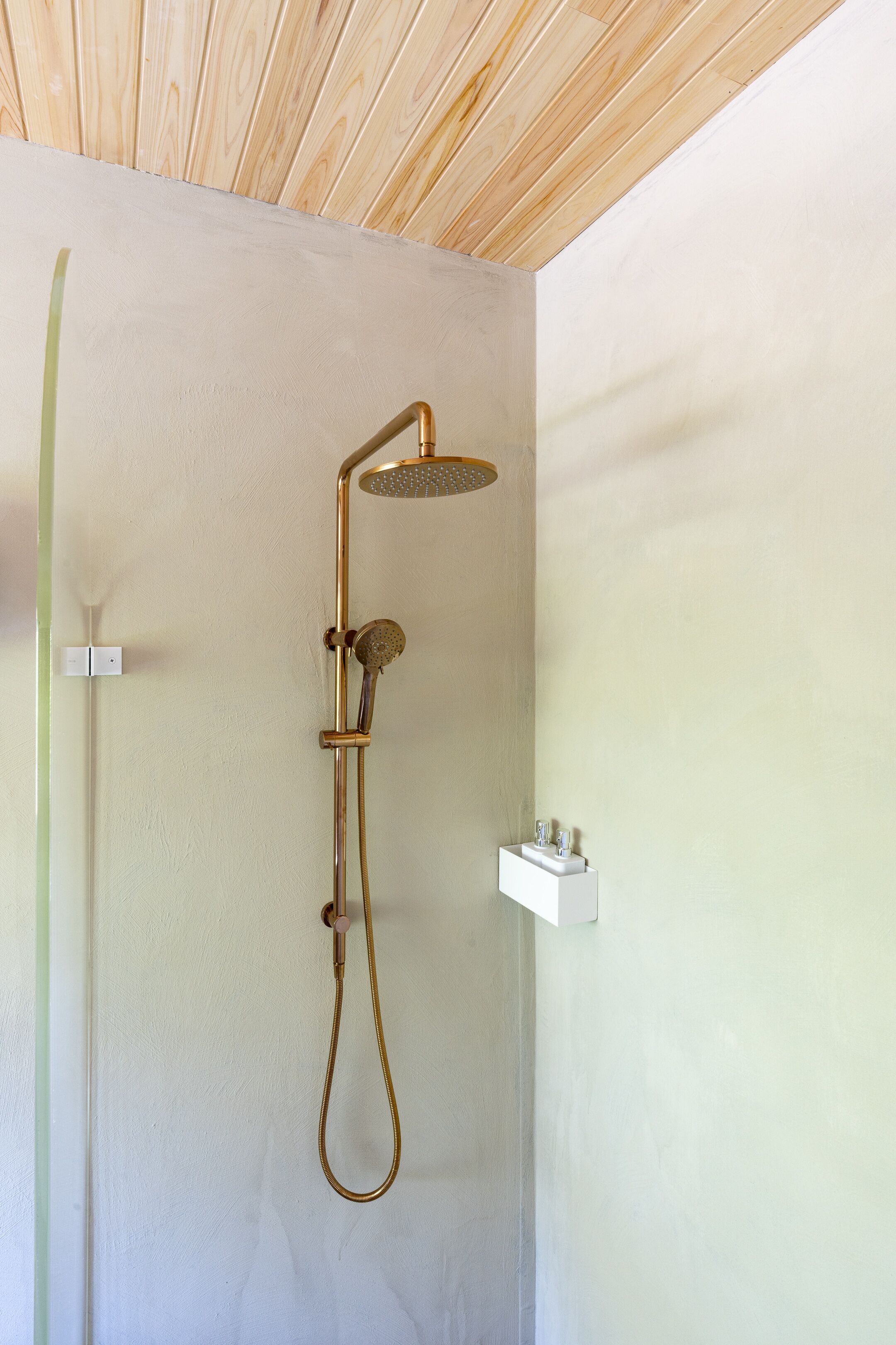 Eine Dusche mit Handbrause und Bedienfeld an der Wand.