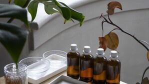 Un meuble-lavabo de salle de bain avec une fenêtre, une plante et des articles de toilette.