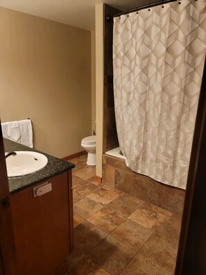 Hair dryer, towels, soap, toilet paper