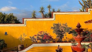 Ein Innenhof mit einer gelben Wand, einer Backsteinbrunnen und verschiedenen Kübelpflanzen.