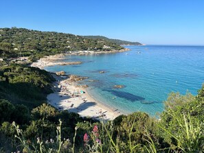 Une plage côtière aux eaux cristallines, aux rivages sablonneux et à la végétation luxuriante.