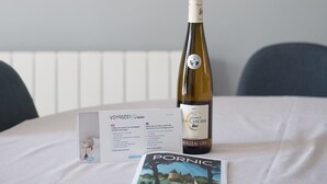 Une table avec une bouteille de vin, une brochure et un menu.
