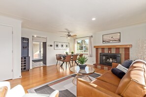 Smart TV, fireplace, books