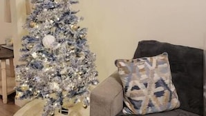Een woonkamer met een kerstboom versierd in zilver en goud, een donkergrijze bank en een kussen met een patroon.
