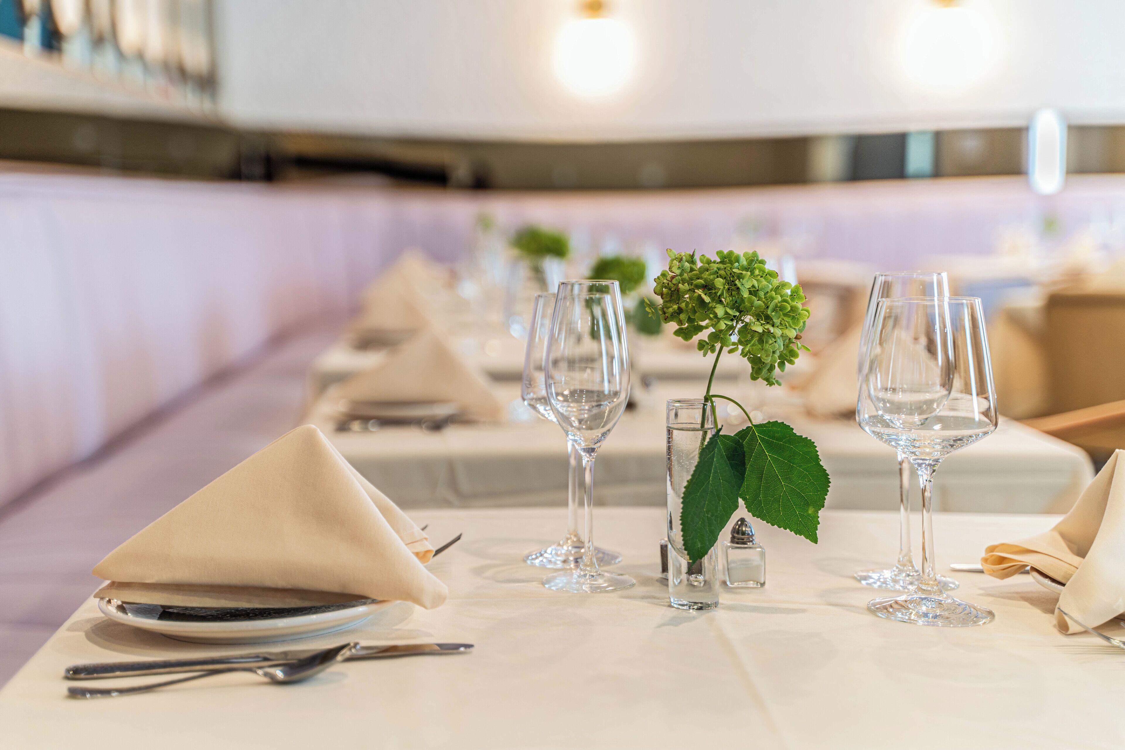 Una mesa de comedor con un servilleta doblada, un vaso y un pequeño florero con una hoja verde.