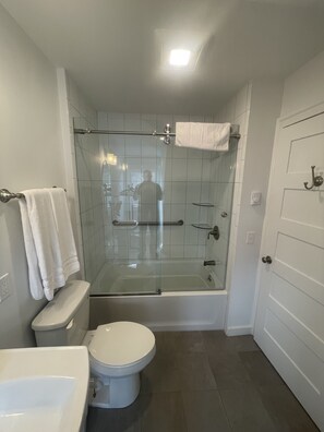 Hair dryer, towels, soap, shampoo