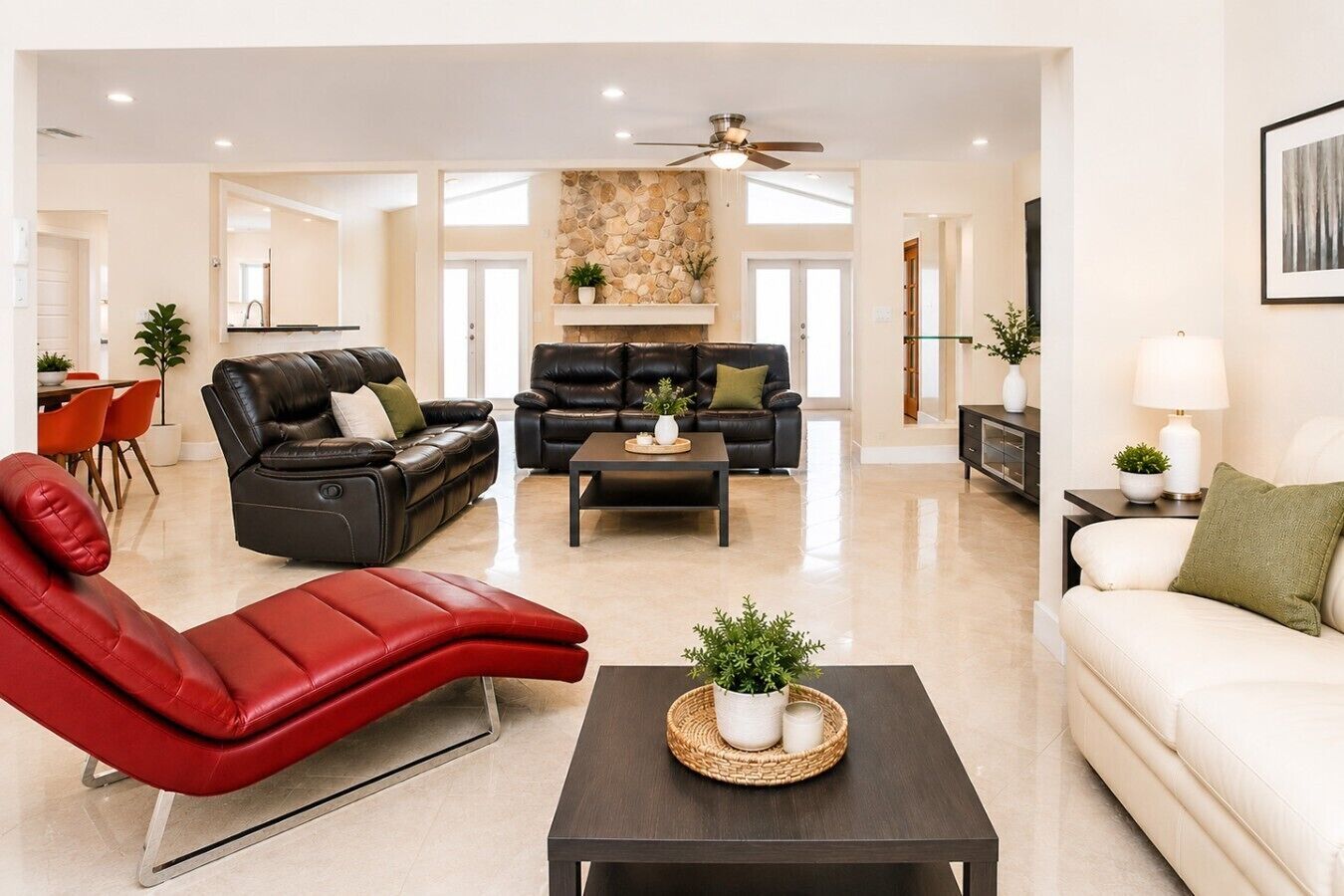 A spacious living area with leather sofas, a red recliner, a coffee table, and a fireplace.